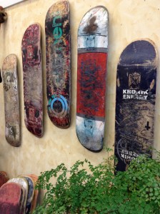 Skateboard decks mounted as art